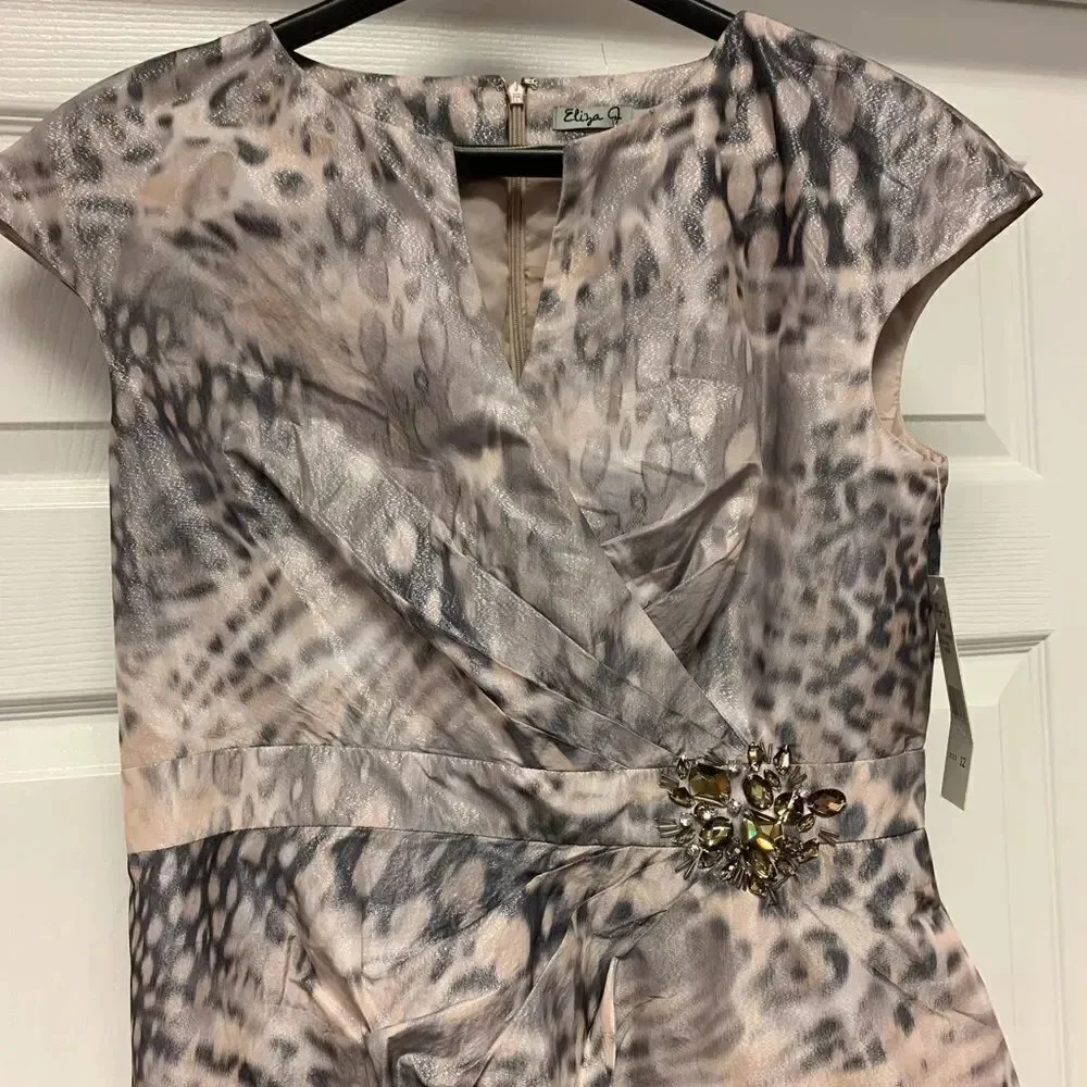 Eliza J Animal Print Taffeta Crystal Embellished Dress sz 12 NWT